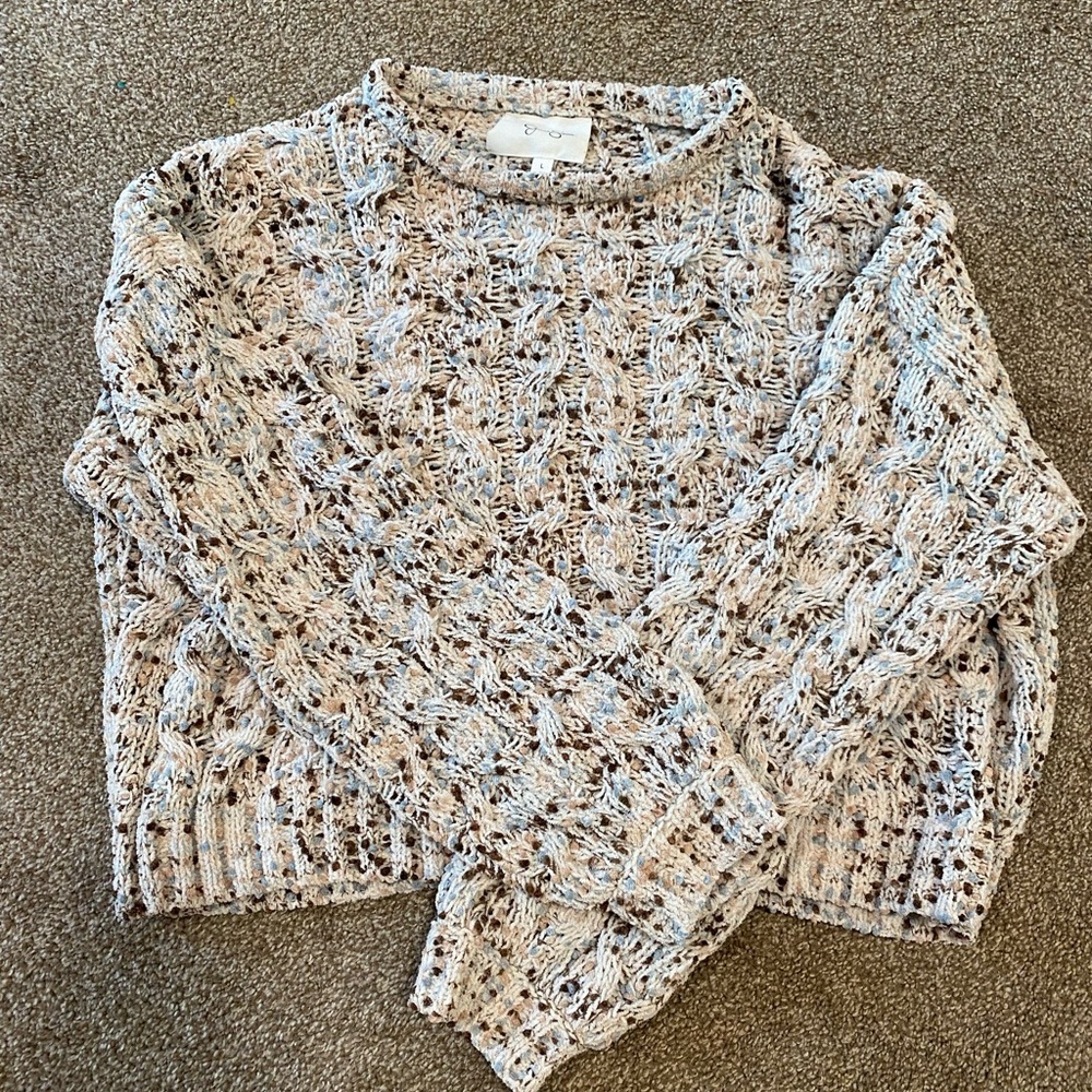 Jessica Simpson Neutral Speckled Open-Knit Sweater